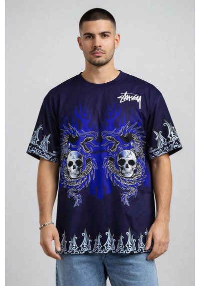 Barlashive Erkek Oversize Tişört Dragon Kuru Kafa Baskılı Bisiklet Yaka T-shirt - Lacivert Çok Renkli