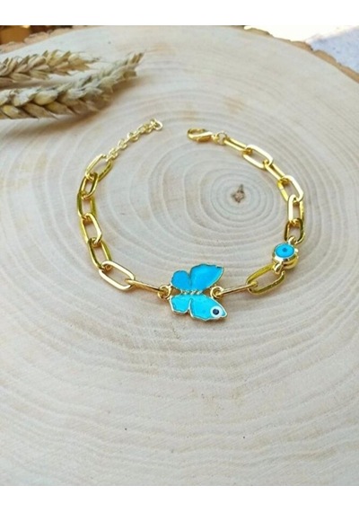 Mavi Kelebek Figürlü Elips Zincir Bileklik Çok Renkli