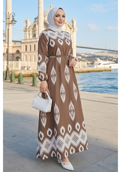 Bestenur Alera Desenli Viskon Elbise 1720 - Açık Kahve Açık Kahverengi