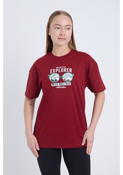 Velvoria Unisex Oversize Mountain Explorer Baskılı Bordo Renk T-shirt