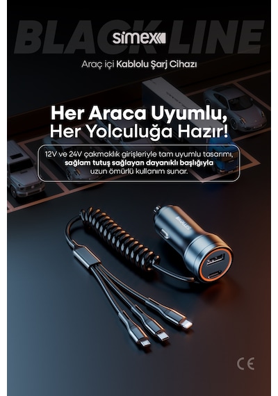 Black Line 60w Araç İçi Şarj Aleti, 5 Port, Spiral Kablolu, Type-c Micro Usb Lightning Uyumlu Siyah