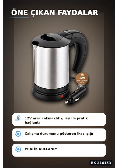 Araç İçi Su Isıtıcı Kettle 12v Çakmaklık Girişli Paslanmaz Çelik Termos Bardak Bx-316153