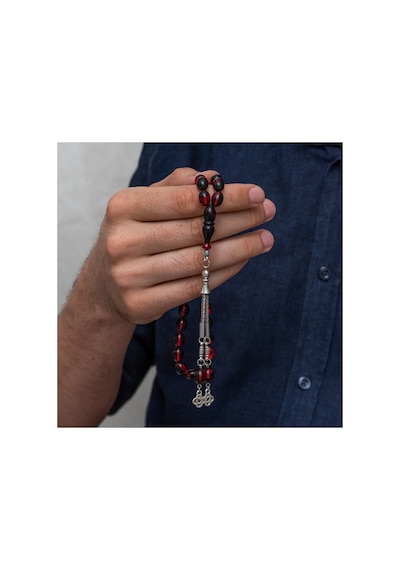 Metal Püsküllü Bordo Siyah Sıkma Kehribar Tesbih Gümüş Gümüş