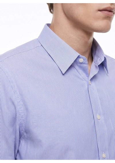 Fabrika Maydos 603 Koyu Mavi Erkek Alttan Britli Çizgili Slim Fit Gömlek