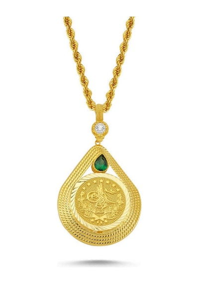 Sembolgold Altın Tuğralı Kolye Yeşil Damla Taşlı