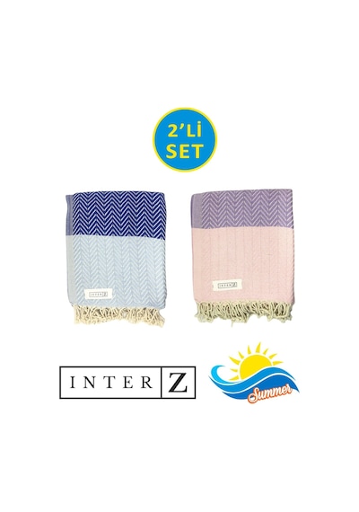 INTERZ 2'li Set Peştemal Plaj Havlusu , %100 Pamuk Mavi - Pembe