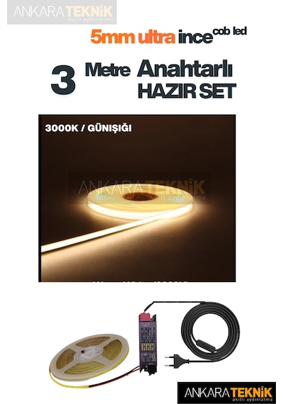 Ankara Teknik 5mm Ultra Ince Cob Şerit Led - Günışığı 12volt Tak Çalıştır Anahtarlı Set Metre Seçiniz 3 Metre