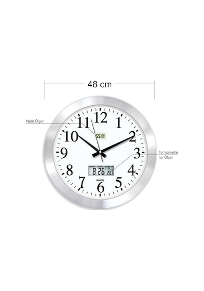 Hassas Dijital 48 Cm Termometreli Nem Ölçerli Camlı Duvar Saati Çok Renkli