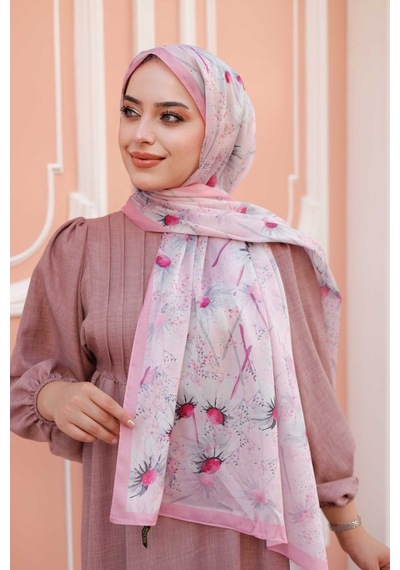 Mimiyum Papatya Desen Nayf İpek Şal Şeker Pembe