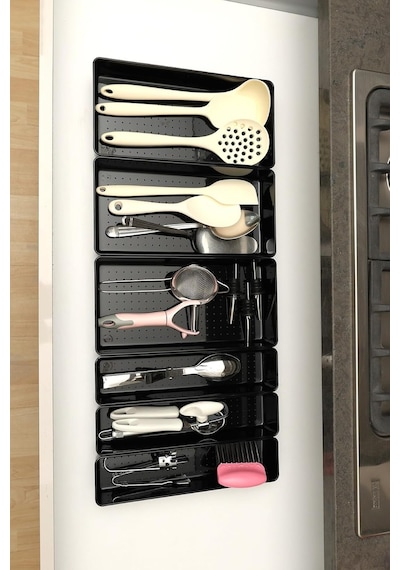 Color House Parlak Siyah Piano Black 6'li Set Modüler Çekmece İçi Kaşıklık Organizer Düzenleyici Siyah 67 X 49