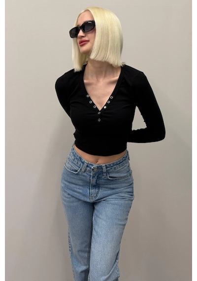 Madmext Siyah V Yaka Uzun Kollu Düğme Detaylı Kaşkorse Bodysuit Mg2194 Siyah