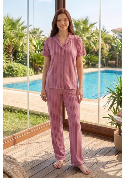 Remsa Kadın Ekose Kısa Kol Milan Kumaş Pijama Takımı 50101-129 Pudra04