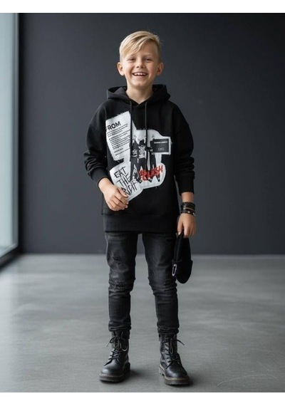 Zekids Erkek Çocuk Kapüşonlu Baskılı Teenage Tasarım Sweatshirt-16662 Siyah