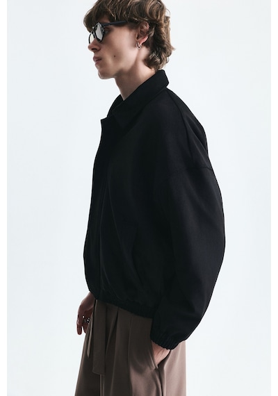 Vamos Oversize Polo Yaka Suni Süet Mont Siyah