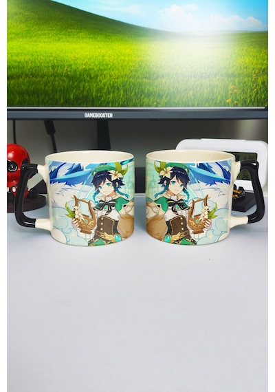 Venti Genshin İmpact Baskılı Seramik Lüks Kupa 1 Adet Özel Siyah Kulp Dalga Kulp V1d Çok Renkli
