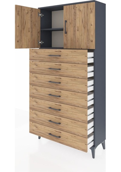 Arges Dolap 2 Raflı 7 Çekmeceli 2 Kapaklı 88x30x182 Antrasit-çam Antrasit