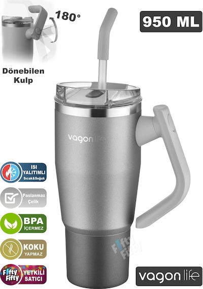 Vagonlife Rotate Tumbler Cup 0.94ml/34oz Pipetli/rahat İçim Vakumlu Paslanmaz Çelik Termos-ffvgn1007-950ml Gümüş