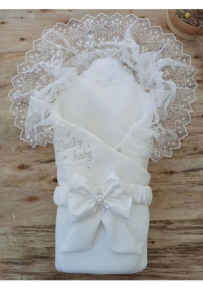 Yenidoğan Sahra Lucky Baby Nakışlı Kundak Bebek Battaniyesi Ekru Ekru