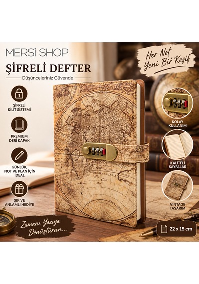 Şifreli Vintage Dünya Haritası Desenli Defter 22x15 Cm Kilitli Günlük Ve Not Defteri Çok Renkli