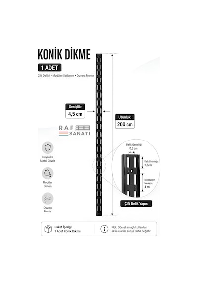 Konik Dikme 200 Cm Siyah 1 Adet Çift Sıra Delikli Modüler Mağaza Raf Profili Direği