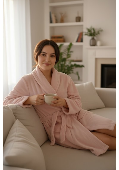 Mislina Home Lumor Şal Yaka Wellsoft Peluş Yumuşak Sabahlık Pudra Pudra