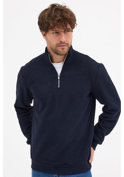 Mmetalic Erkek Lacivert Standart Fit Normal Kesim Pamuklu Yarım Fermuarlı Dik Yaka Pamuklu Sweatshirt Lacivert