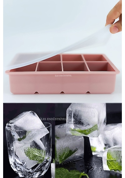 Eysigo Kapaklı Premium Büyük 8 Bölmeli Silikon Buz Kalıbı, Powder Pudra