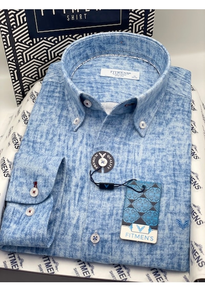 Slim Fit Uzun Kol Müslin Dijital Baskılı Hediye Kutulu Erkek Gömlek Fs-004599 - Mavi-3361 MAVİ