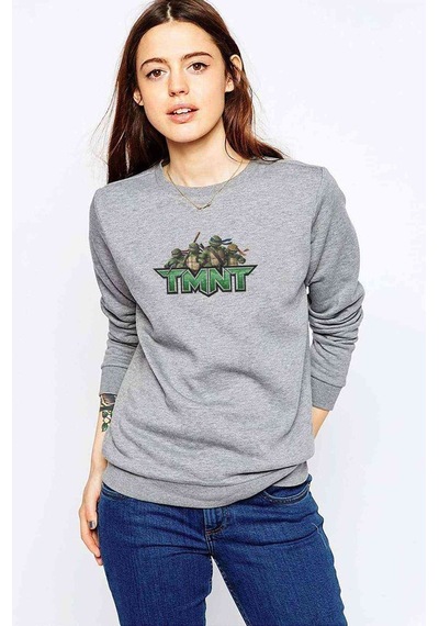 Teenage Mutant Ninja Turtles Logo Baskılı Gri Kadın Sweatshirt