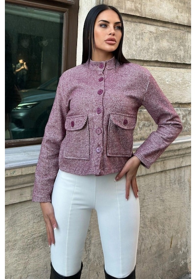 Bordo Dik Yaka, Çift Kapaklı Cep, Kısa Kesim, Diagonal Kaşe Ceket Bordo