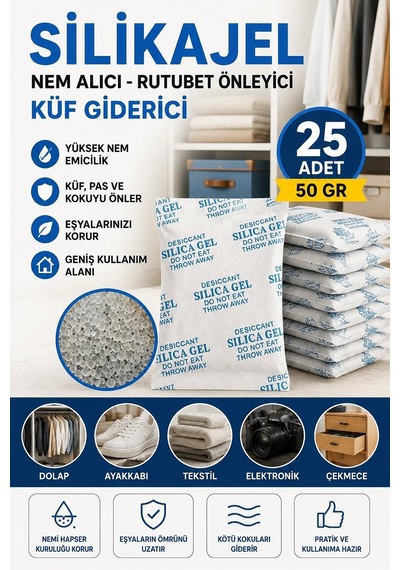 25 Adet - Silikajel, Nem Alıcı, 50 Gr, Rutubet Önleyici Küf Giderici Silicagel