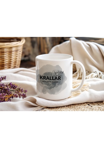 Krallar Aralıkta Doğar Gri Sis Ve Taç Desenli Kupa Bardak - Erkeklere Özel Doğum Günü Hediyesi Beyaz