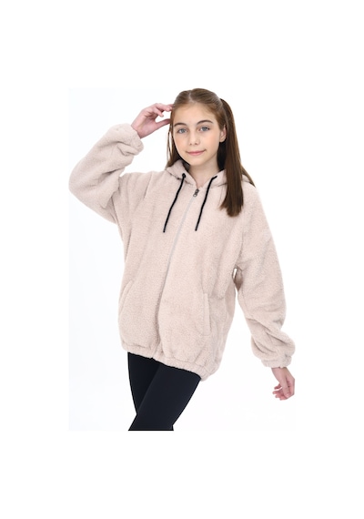 Toontoy Kız Çocuk Kapüşonlu Fermuarlı Cepli Reglan Kol Peluş Hırka Bej