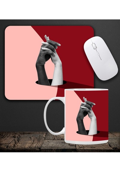 Baskılı Kupa & Kırmızı Ve Pembe Renk El Ele Tutuşan Motifli Mouse Pad 23x19cm Fare Altlığı Kaydırmaz Mousepad