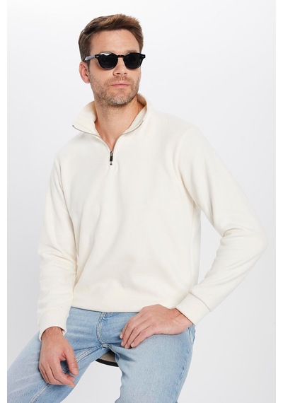 Tudors Unisex Relax Fit Rahat Kesim Fitilli Desenli Pamuklu Yarım Fermuarlı Ekru Dik Yaka Sweatshirt-31978 Ekru