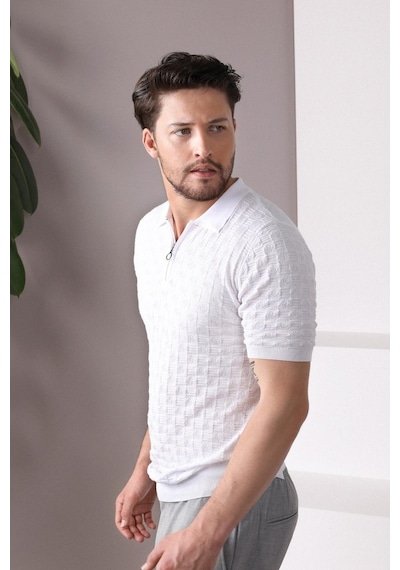 Ferraro Beyaz Polo Yaka Fermuarlı Erkek Pamuk Triko T-Shirt-Beyaz (429067769) Beyaz