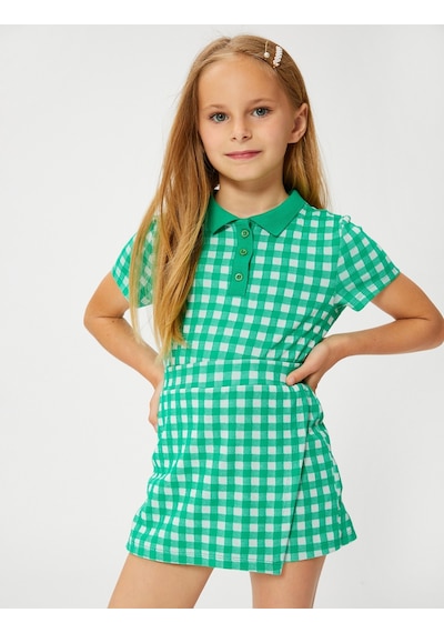 Koton Polo Tişört Crop Kısa Kollu Düğme Detaylı Dar Kalıp Yeşil Ekose 3skg10134ak 3SKG10134AK7C9 Yeşil