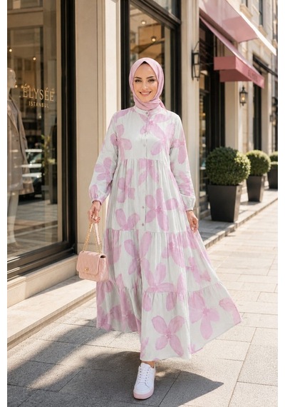 Hb Harma Time Butik Kadın Düğmeli Modal Desenl Pembe Elbise Ekru