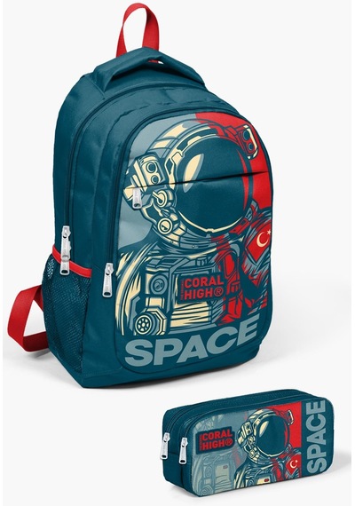 Coral High Kids Çivit Kırmızı Astronot Desenli 2'li Okul Çanta Seti Set0214389