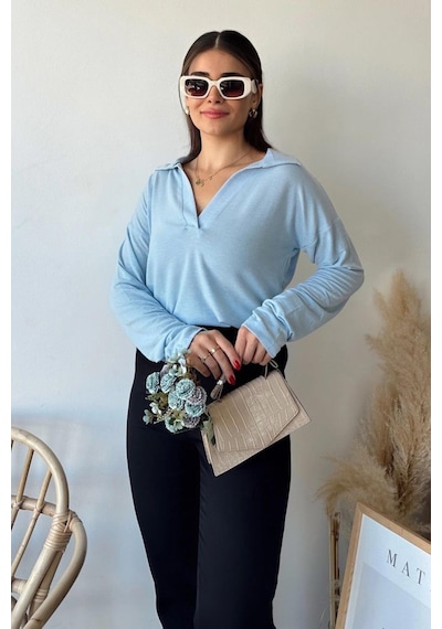 WeShaya Kadın Bebe Mavi Polo Yaka Keten Bluz, Uzun Kol, Regular Kesim, Günlük Ve Spor Sweatshirt Bebe Mavi