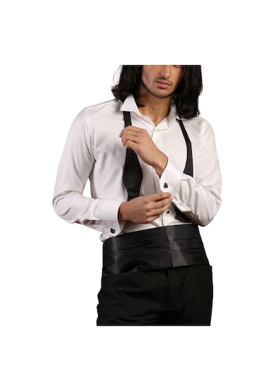 Dicotto Krem Siyah Taş Düğmeli Damatlık Ata Yaka Kol Düğmeli Slim Fit Smokin Gömlek - 007 001