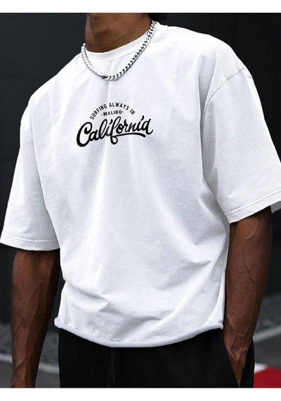 Surfing California T-shirt - Beyaz Baskılı Oversize Bisiklet Yaka Kısa Kol Tişört Beyaz