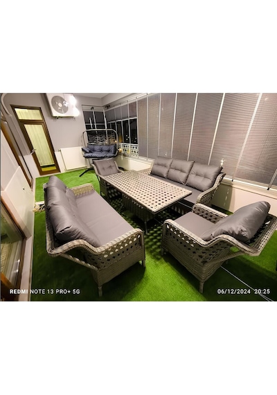 Sercangarden Salincak Hediyeli Dev Rattan Bahçe Takımı Oturma Grubu 12 Kişilik Gri