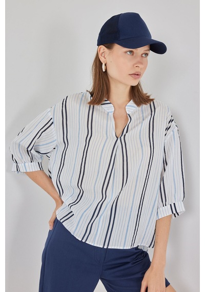 Bigdart Kadın Çizgili Oversize Bluz 967 - Açık Mavi