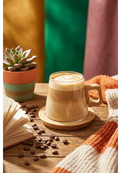 Makri Home Bambu Kulplu Ve Altlıklı Cam Kupa 300 Ml Çok Renkli