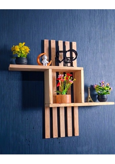 Dekoratif Ahşap Duvar Rafı 60x50 Cm - Çift Taraflı Bant İle Yapıştırılabilir - Modern Kitaplık Bej