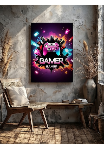 Gamer Yazılı Oyun Kumandası Ev Ofis Mutfak Salon Duvar Dekorasyon Kanvas Tablo