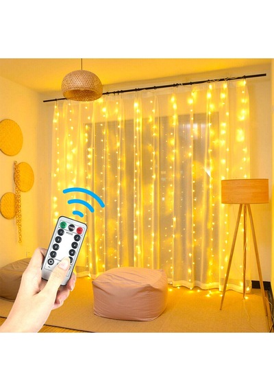 Upway 3x3 Metre Kumandalı 8 Modlu Askılı Usb 300 Led Işıklı Perde Gün Işığı Sarı