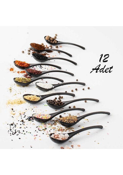 Porsima 0445 12'li Plastik Baharat Kaşığı Seti 11 Cm - Şık Siyah Reçel, Sos Ve Baharatlık Kaşığı Takımı