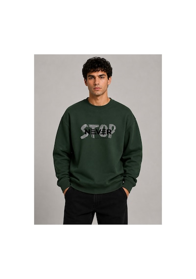 Herkesemoda Stop Never Detaylı Bisiklet Yaka Şardonlu 2 İplik Sweatshirt Yeşil